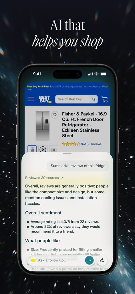 Comet - AI Personal Assistant - Comet AI personal assistant providing an automated summary of product reviews on a shopping website