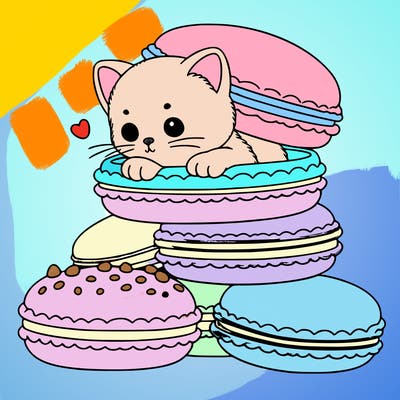 a kitten popping out of a stack of pastel macarons
