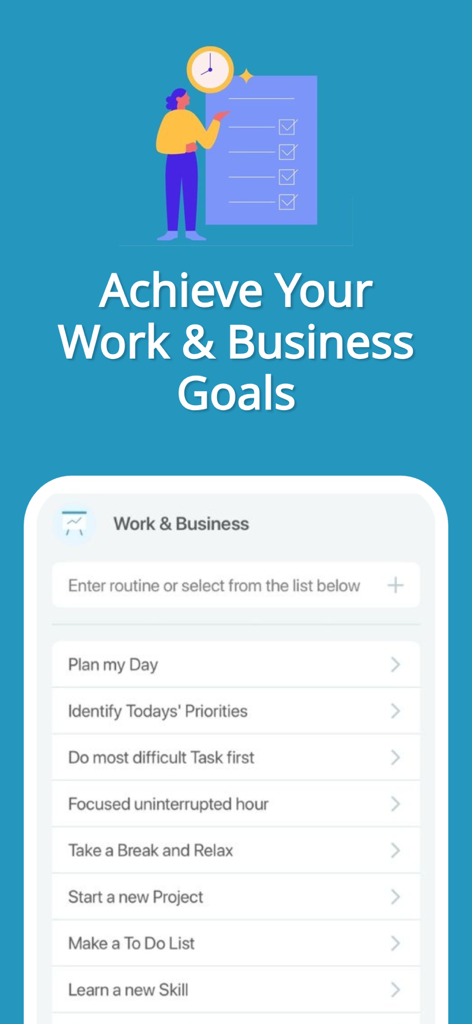 Success Life Coach Day Planner - L'interface de l'application Success Life Coach affiche une liste de tâches quotidiennes pour atteindre vos objectifs professionnels et commerciaux.