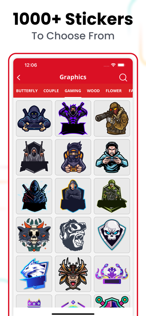 Thumbnail Maker, Banner Maker - A collection of gaming-themed stickers and avatars within the Thumbnail Maker app interface.