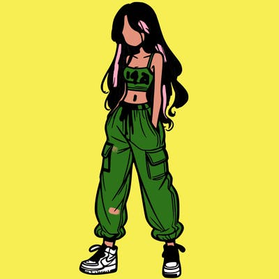 girl in baggy pants crop top and long hair