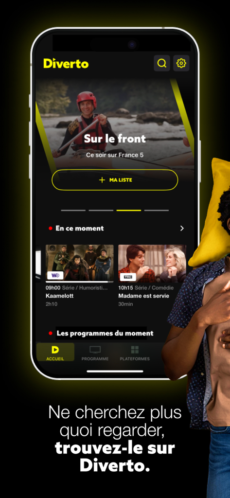 Diverto Programme TV Streaming - Interface mobile de l'application Diverto montrant les horaires des programmes TV et les recommandations de contenu en streaming