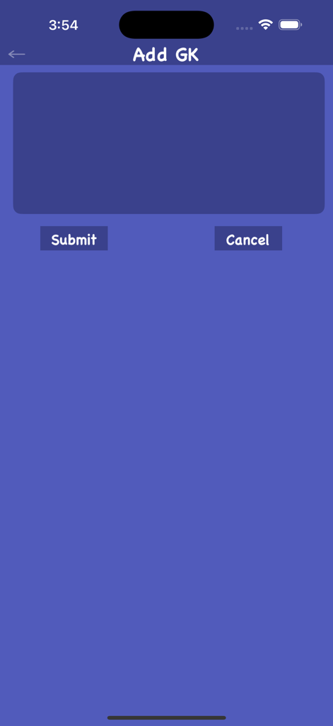 World General Knowledge - GK - Interfaz de la aplicación World General Knowledge para añadir nuevos datos con opciones de Enviar y Cancelar.