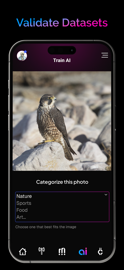 Raiinmaker mobile app interface for validating AI datasets by categorizing a nature photo to earn rewards.