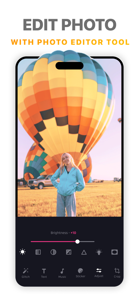 SlideShow Maker Photo Video · - Photo editing interface showing brightness adjustment settings and tool icons in the Movie Lab app