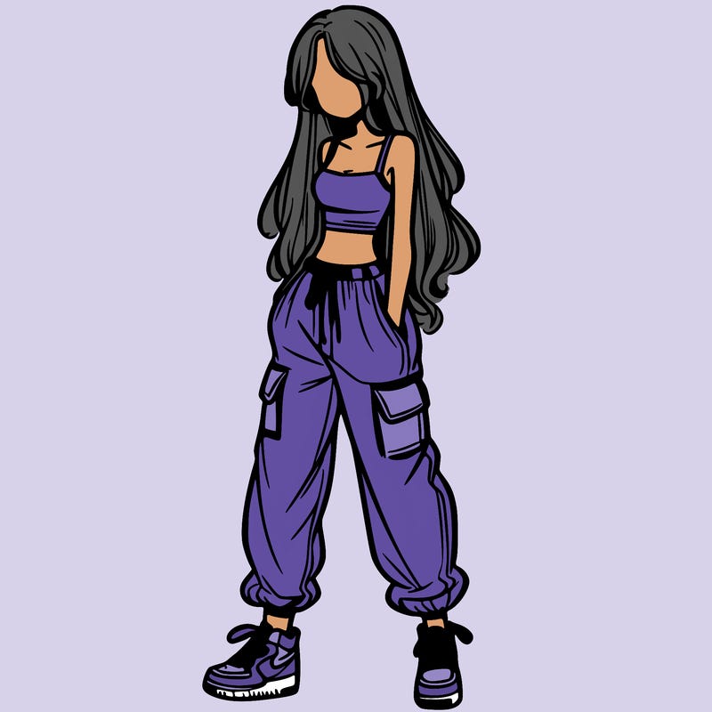 girl in baggy pants crop top and long hair