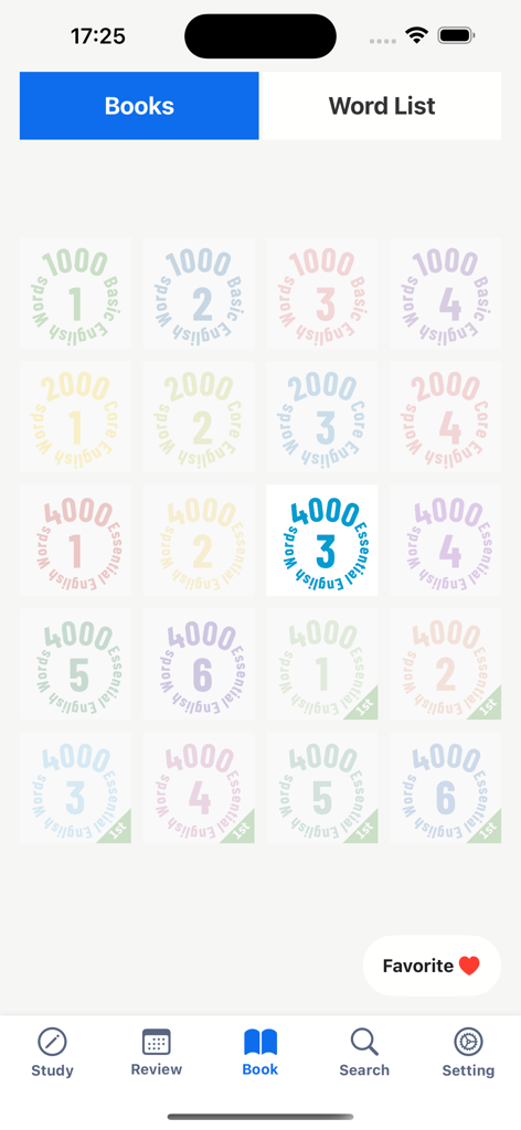 4000 Essential English Words ⑶ - Interfaz de la aplicación móvil que muestra una cuadrícula de diferentes niveles de libros de vocabulario en inglés, de básico a esencial.