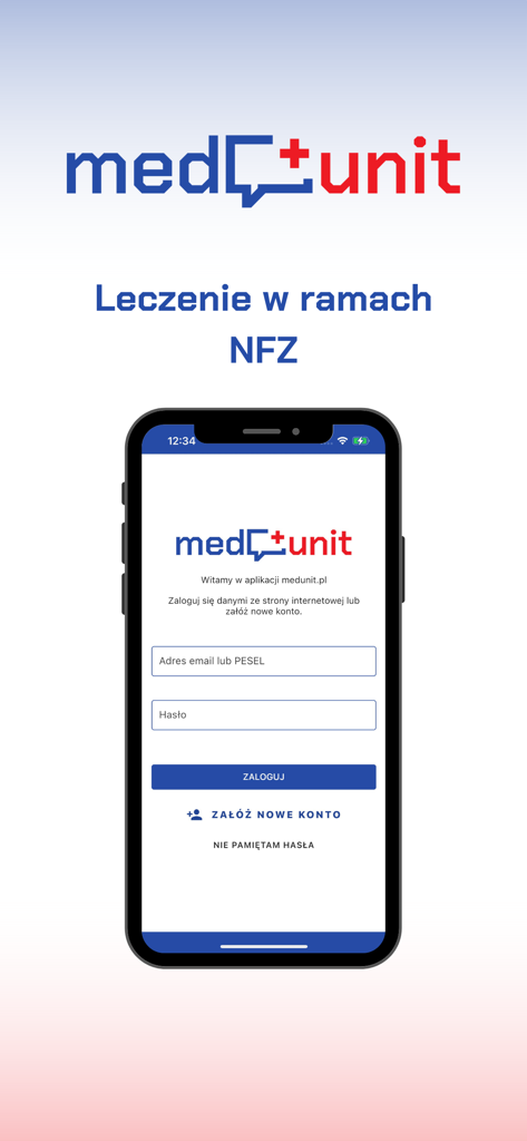 Login screen of the Medunit NFZ mobile app showing fields for email or PESEL and password.