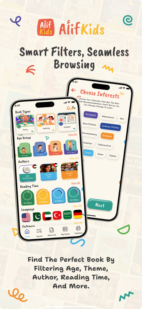 Alif Kids app interface showing smart filters for age groups, book types, reading time, and languages