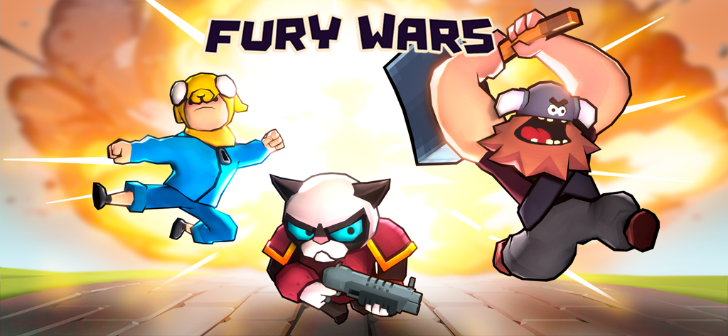 Drei schrullige Cartoon-Charaktere aus Fury Wars Online in einer dynamischen Action-Pose mit explosivem Hintergrund