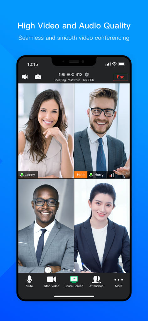 Quatre personnes dans une vidéoconférence professionnelle sur VooV Meeting avec une qualité haute définition claire