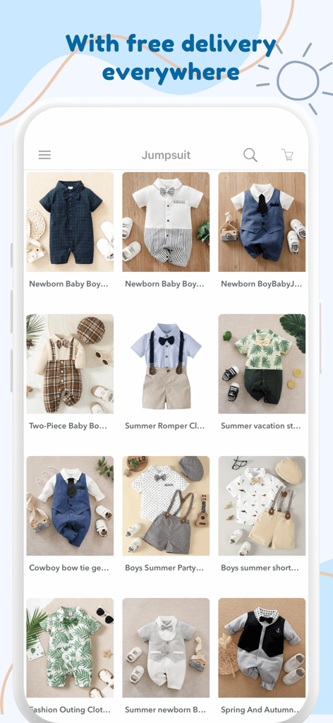 Cheap Kids Clothing Fashion - Una visualizzazione di varie tute e pagliaccetti eleganti per neonati maschi in un'app di shopping mobile con uno striscione di consegna gratuita.