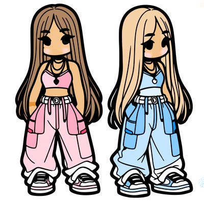 girl in baggy pants crop top and long hair