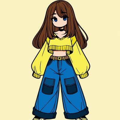 cute girl with straight hair in baggy jeans and a crop top and a sweater