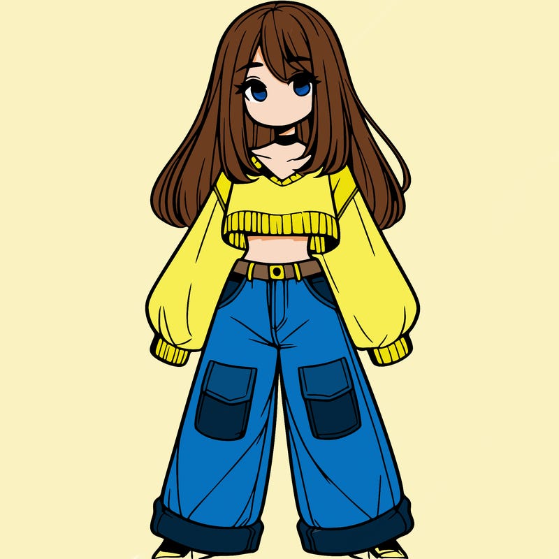 cute girl with straight hair in baggy jeans and a crop top and a sweater