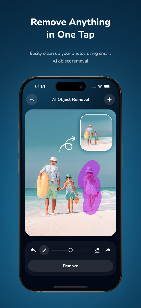Moody Photo Edit Preset Filter - Moodshot app interface demonstrating AI object removal to clean up a beach photo