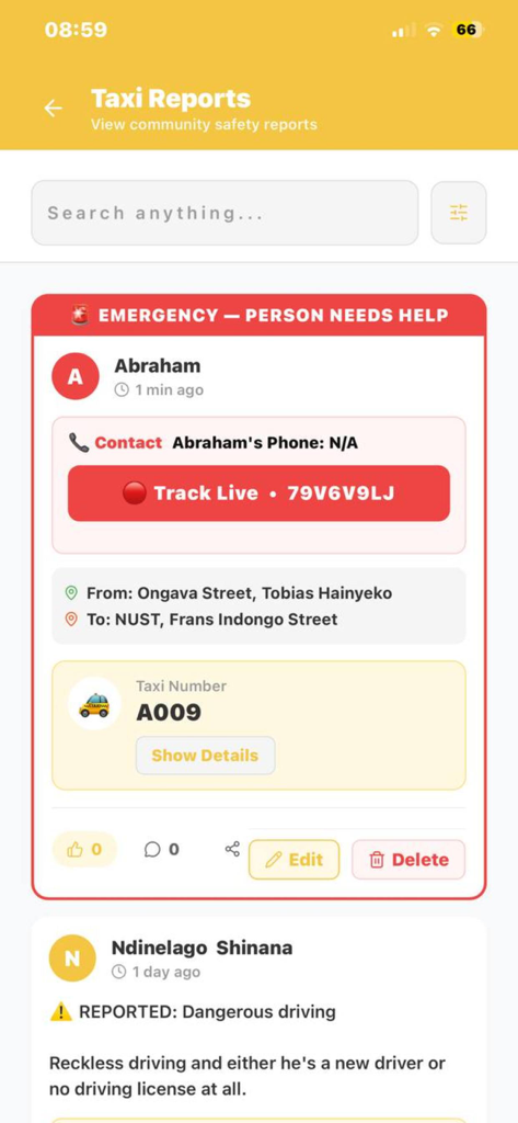 Mobile app interface showing community taxi safety reports and an emergency tracking alert with live location sharing