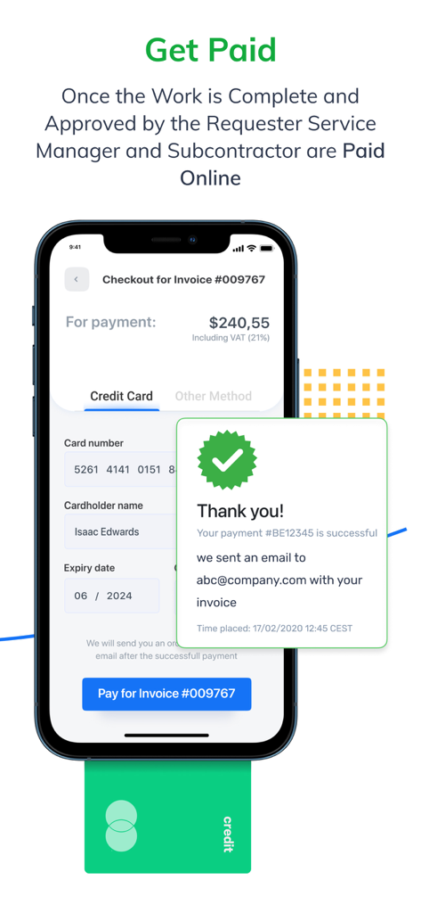 UtilizeCore - A mobile phone screen from the UtilizeCore app displaying a successful invoice payment message with credit card details.