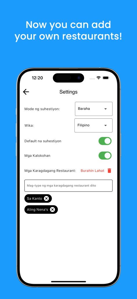Saan Tayo Kakain? - Settings screen of the Saan Tayo Kakain app showing options to add custom restaurant names and select language
