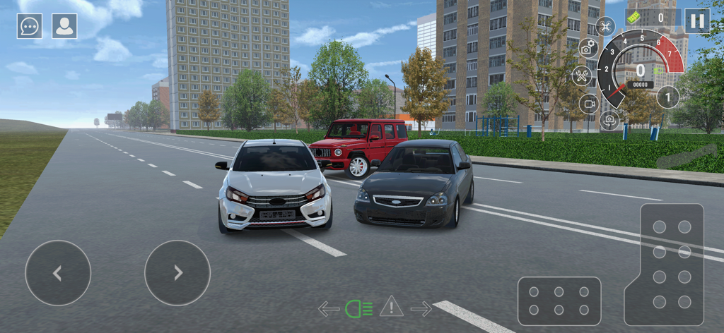Drive World : Drift Car Racing - Three cars parked on a city street in the Drive World Drift Car Racing mobile game.