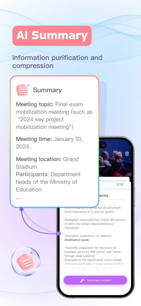 InstaWrite AI - Notes taker - Interface do aplicativo InstaWrite AI mostrando um cartão de resumo de reunião gerado por IA com tópico, hora e local