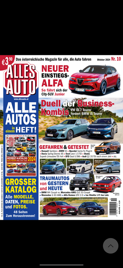 Alles Auto E-Paper - Front cover of the Alles Auto car magazine featuring new Alfa Romeo and BMW models