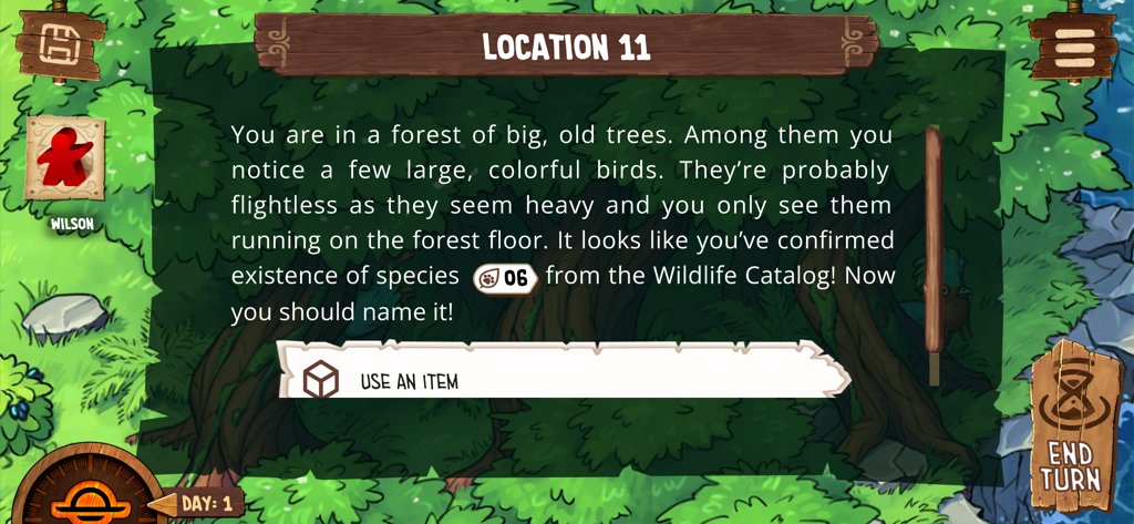 Narrative interface of the Toriki board game companion app showing a forest exploration scene and species discovery