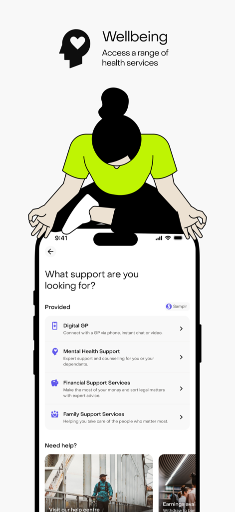 A mobile interface for the Onsi app showing wellbeing and health services including Digital GP and mental health support.