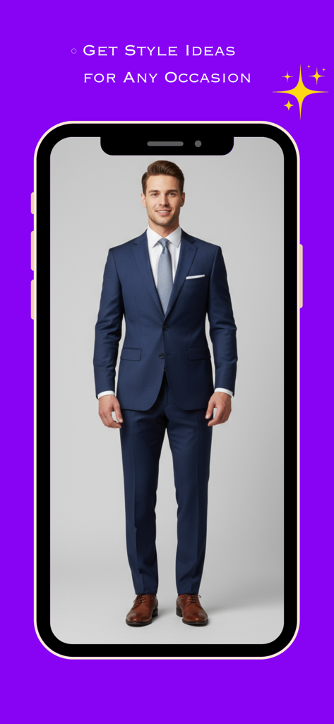 A mobile phone screen displaying a man in a tailored blue formal suit with the text Get style ideas for any occasion