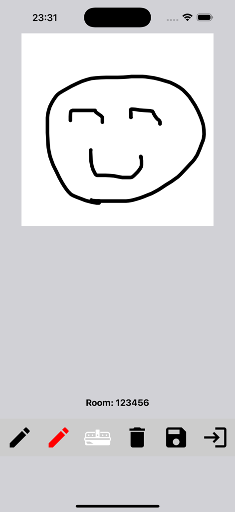 Drawing Online - A simple hand-drawn smiley face on a collaborative drawing canvas with a room code and toolbar