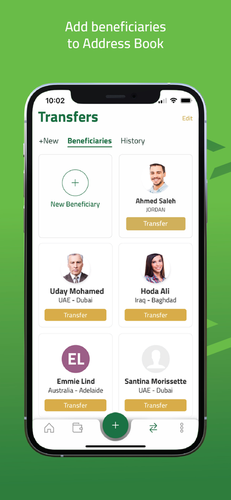 TIB Online - TIB Online app screen showing a list of beneficiaries for international money transfers