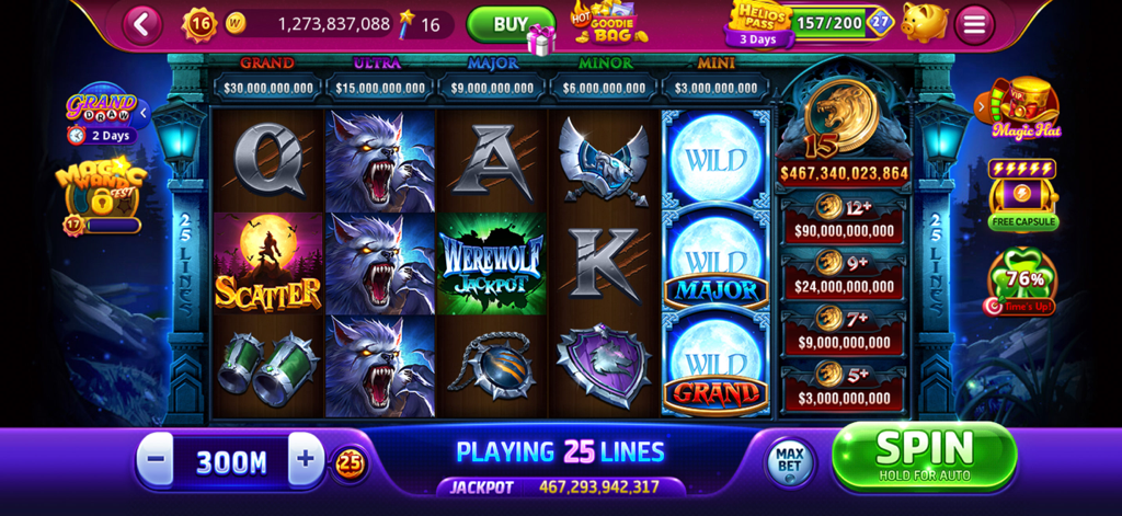 A werewolf themed slot machine screen in the DoubleU Casino mobile app