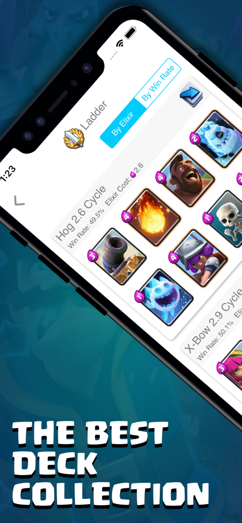 Decks Royale for Clash Royale - Decks Royale Mobile App-Oberfläche, die ein beliebtes Clash Royale Deck mit Gewinnrate und Elixier-Statistiken anzeigt.
