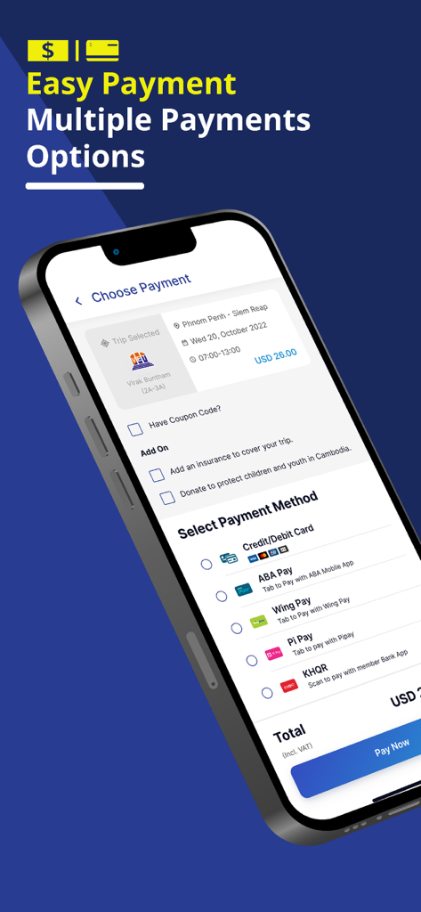 Camboticket - Camboticket app showing payment methods for bus and ferry ticket booking