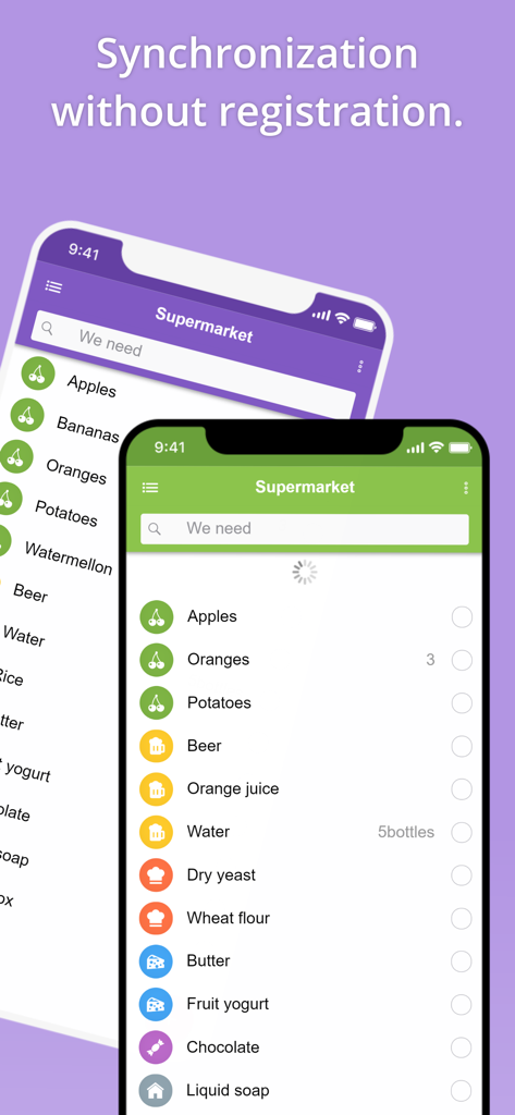 Two smartphones showing synchronized grocery lists in That Shopping List app
