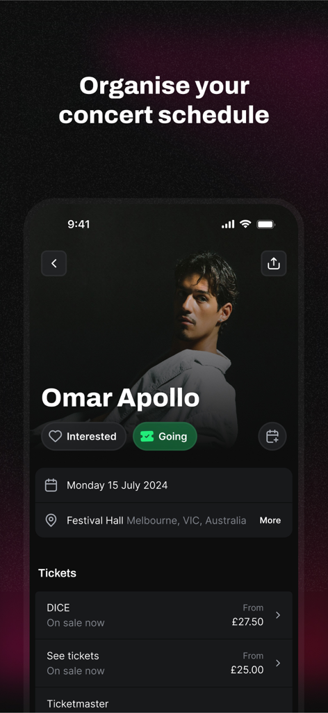 Songkick Concerts - Songkick aplicación móvil mostrando detalles del concierto para el artista Omar Apollo