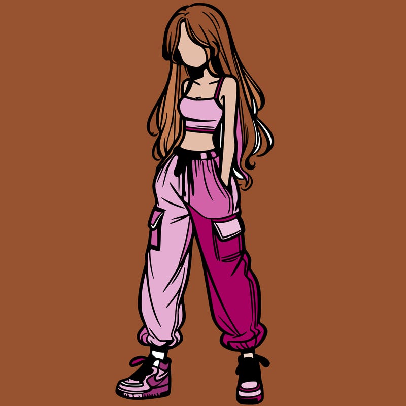 girl in baggy pants crop top and long hair
