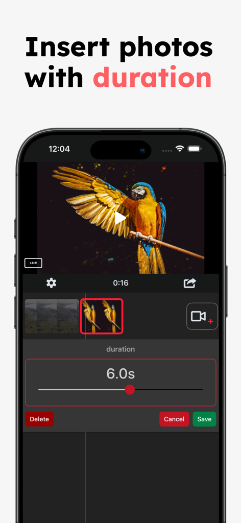 app interface showing how to adjust photo duration for video creation