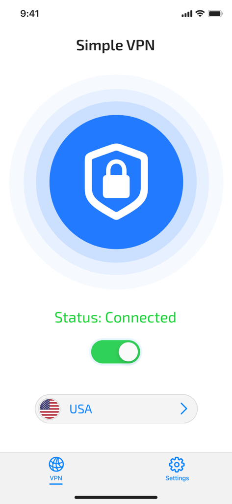 Secure VPN & Fast Proxy Master - 미국 서버가 선택된 상태로 연결됨 상태를 보여주는 안전한 VPN 앱 스크린샷