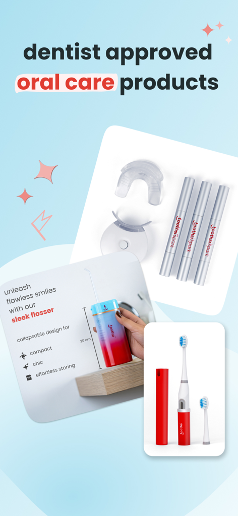 A collection of dentist approved oral care products including an electric toothbrush a water flosser and a teeth whitening kit from makeO