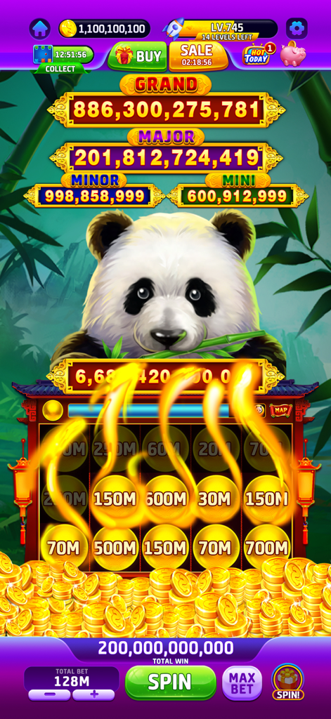 Buffalo Slots™-Casino Jackpots - Una máquina tragaperras temática de panda en el juego de casino Buffalo Slots que muestra múltiples enormes botes de monedas.