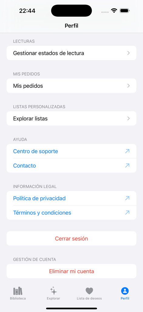Tremendos Libros - User profile screen of the Tremendos Libros app showing account settings and reading status management