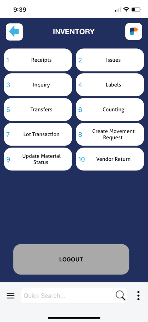 FlexiPro - FlexiPro mobile App-Bestandsmenü mit Optionen für Wareneingänge, Warenausgänge, Umlagerungen und Zählungen.