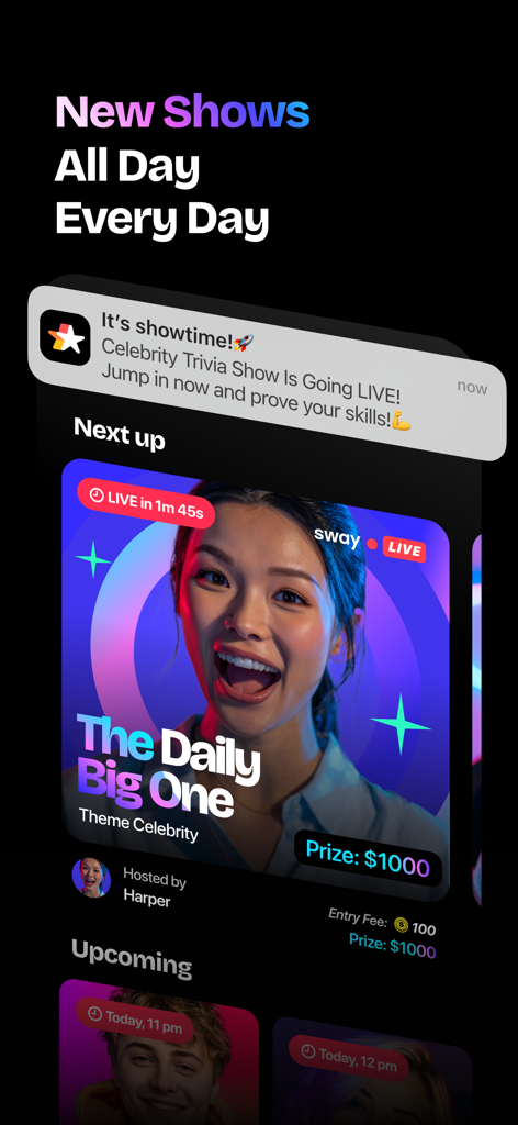 Interface do aplicativo Sway apresentando um game show de trivia ao vivo com um prêmio de mil dólares