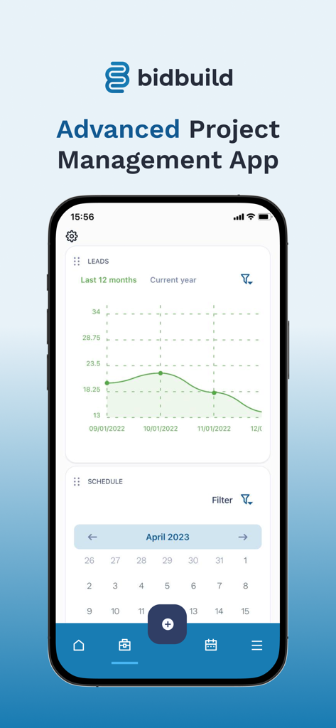 BidBuild 앱 인터페이스, 리드 추적 차트 및 프로젝트 일정 캘린더 표시