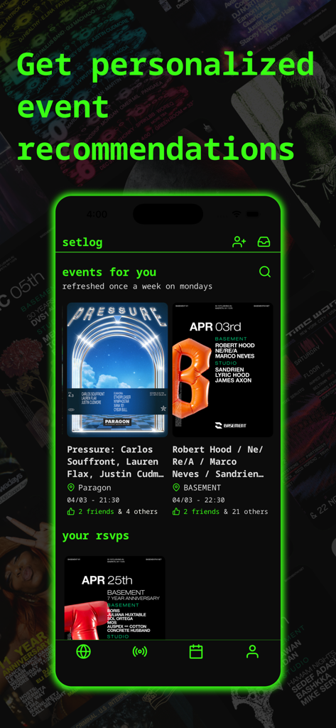 setlog - rave tracker - Setlog app interface showing personalized electronic music event recommendations and RSVPs.