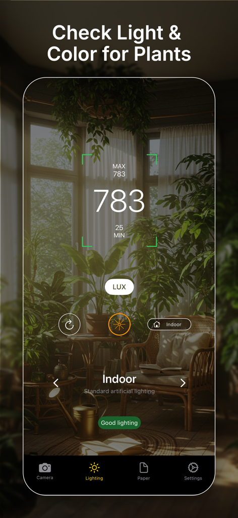 Luxmeter - Lux Light Meter - Lux Light Meter app screen showing lux measurement for indoor plants