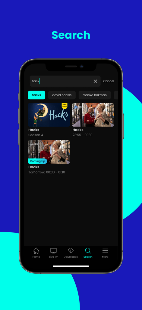 DStv Stream - Pantalla de búsqueda de la aplicación DStv Stream que muestra resultados para el programa Hacks.