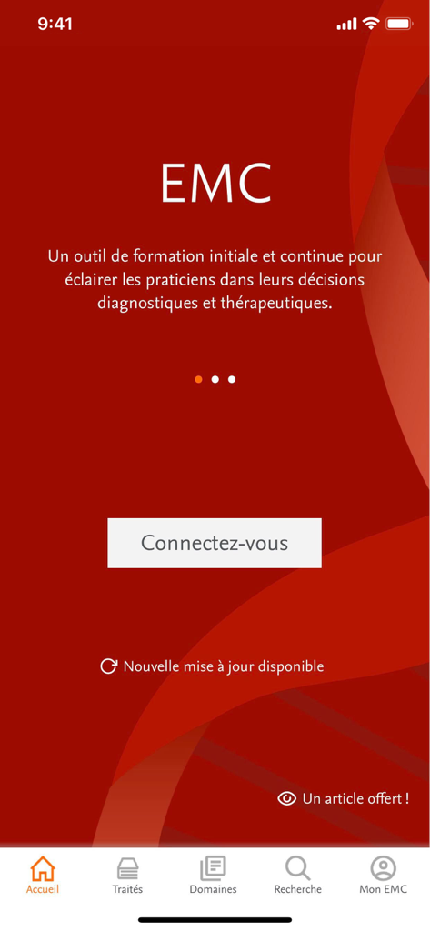 EMC mobile - Login screen of the EMC mobile medical reference app with a red background and bottom navigation menu.