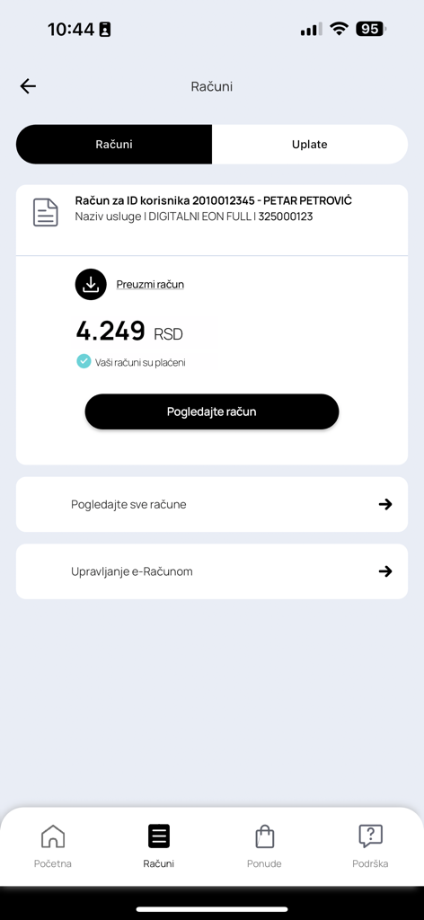 Billing and invoice screen of the Moj SBB app showing an account balance and payment status